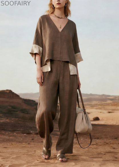 V Neck Patchwork Linen Two Pieces Set Summer