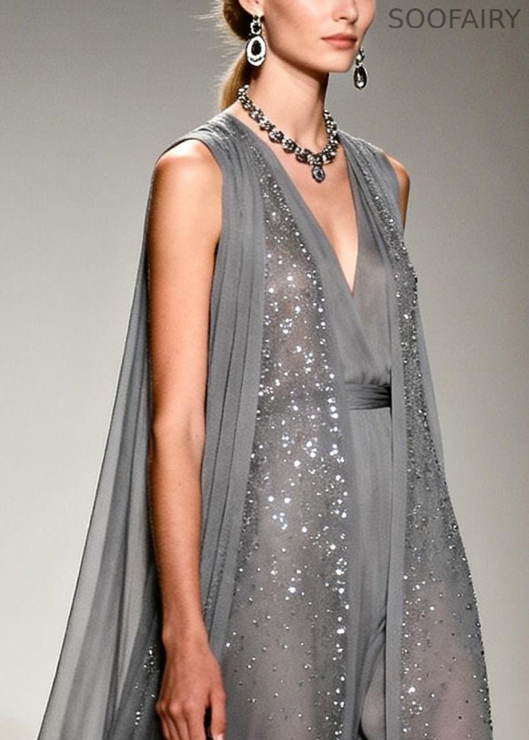 Grey Sparkling Zircon Draping Chiffon Dress Two Piece Set Sleeveless