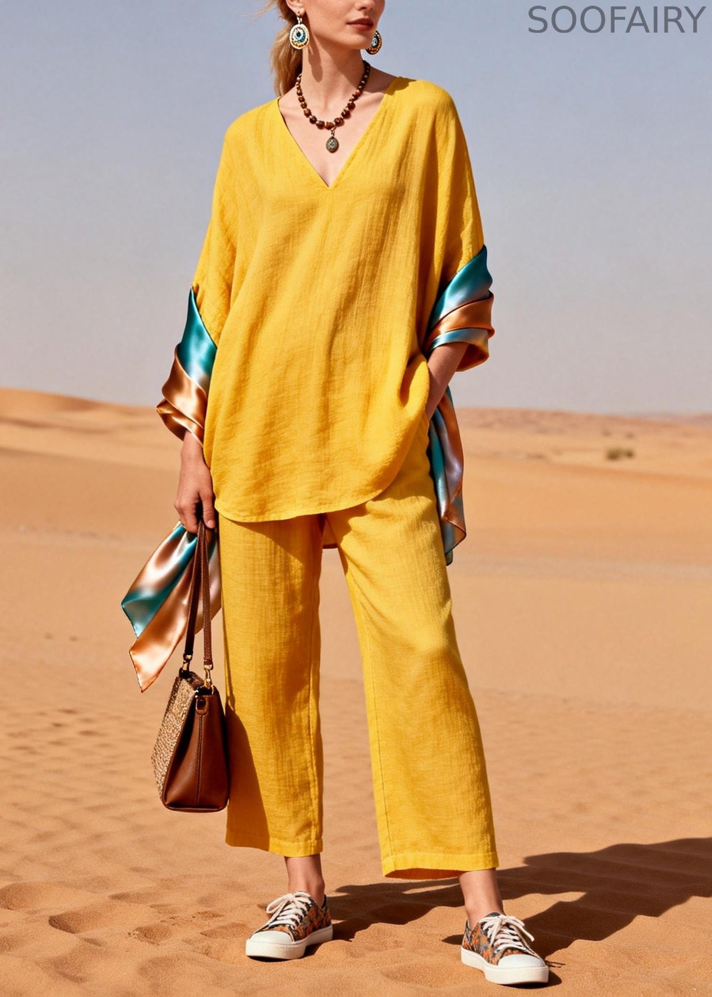 Yellow Oversized Patchwork Shawl Cotton Two Piece Set Clothing Spring