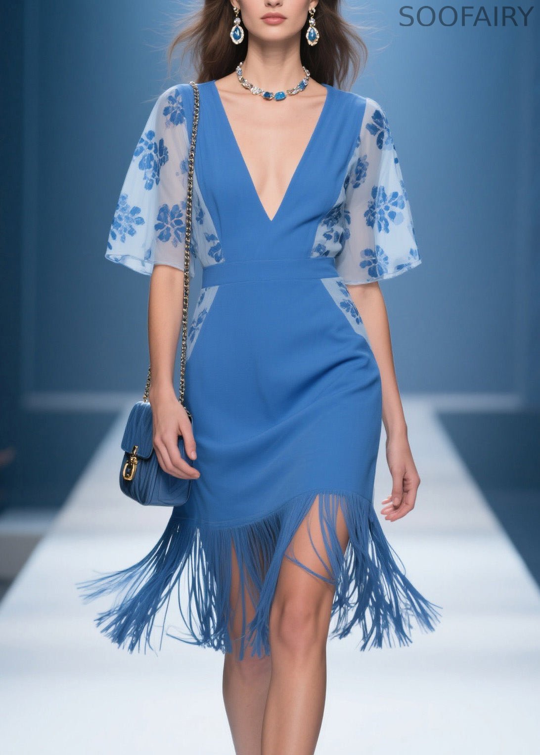 Handmade Blue V Neck Print Tassel Patchwork Cotton Dresses Summer