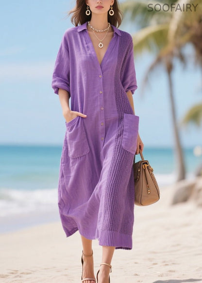 Modern Lavender Oversized Patchwork Pockets Cotton Dress Spring