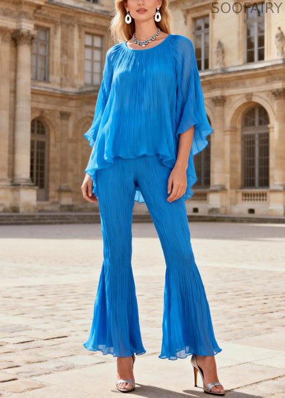 Blue Wrinkled Tops and Flared Trousers Two Piece Set O Neck Batwing Sleeve