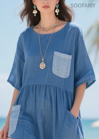 Fitted Blue Asymmetrical Patchwork Pockets Cotton Maxi Dresses Summer