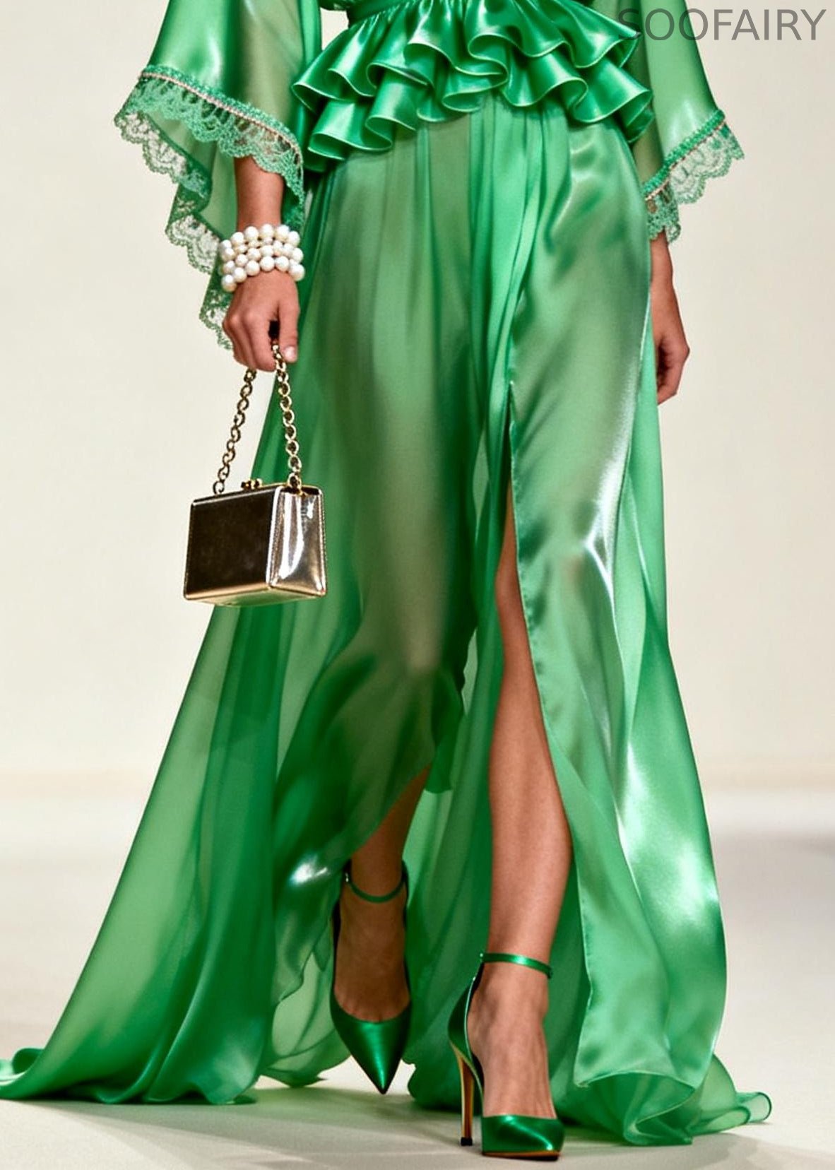 Unique Tea Green Ruffled Side Open Chiffon Party Dress Summer
