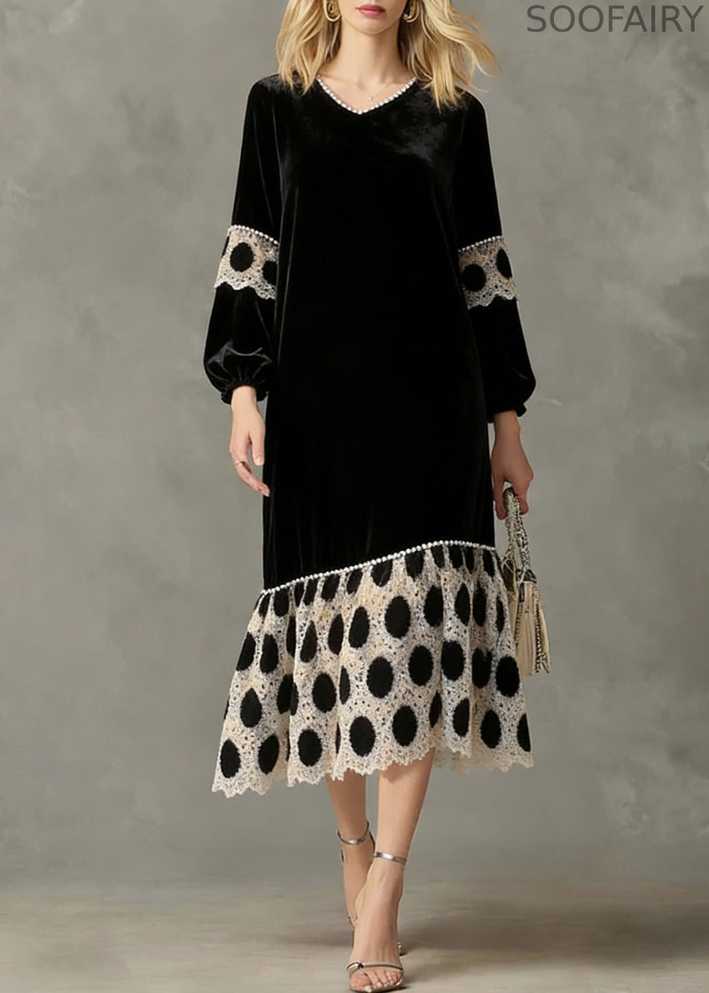 French Black V Neck Patchwork Silk Velvet Long Dress Spring