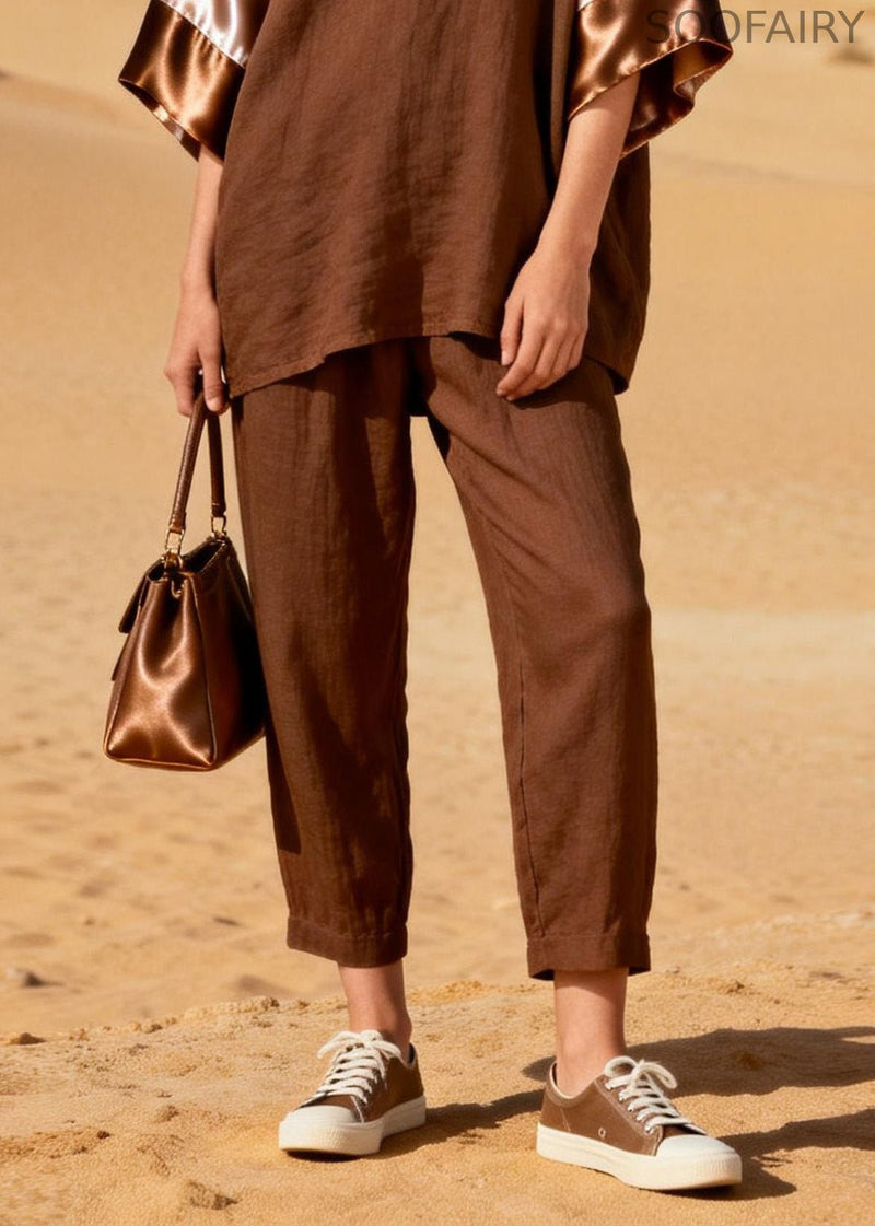 Coffee V Neck Patchwork Linen Silk Two Piece Set Spring
