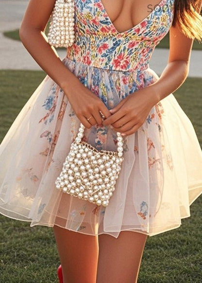 Print V Neck Tulle Patchwork Cotton Mini Dress Summer