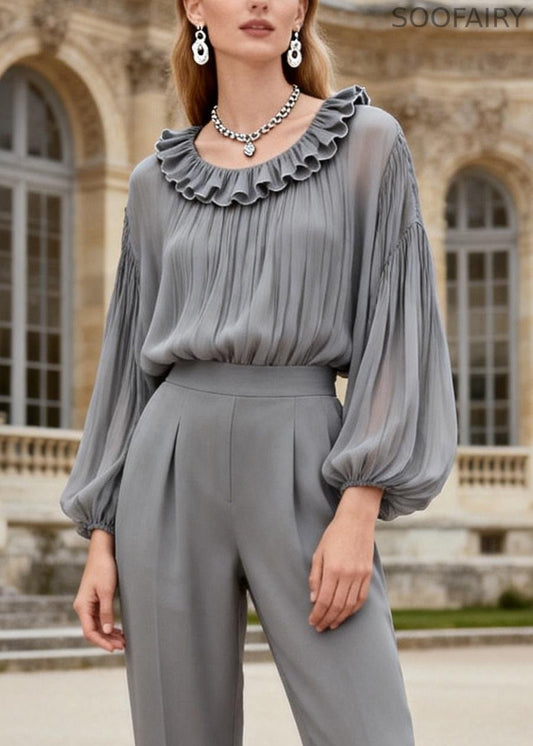 Stylish Grey Ruffled Chiffon Tops and Spandex Crop Pants Two Piece Set Spring