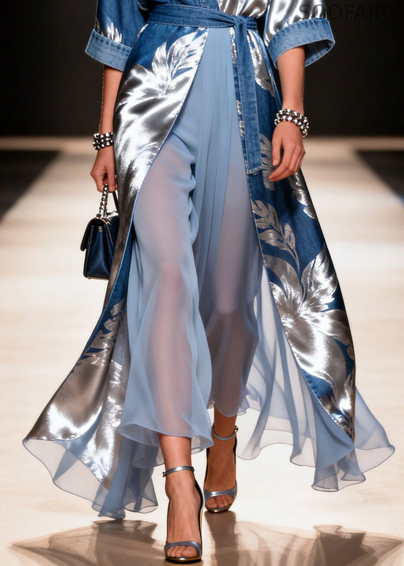 Blue Tie Waist Print Denim Fake Two Piece Dress Summer