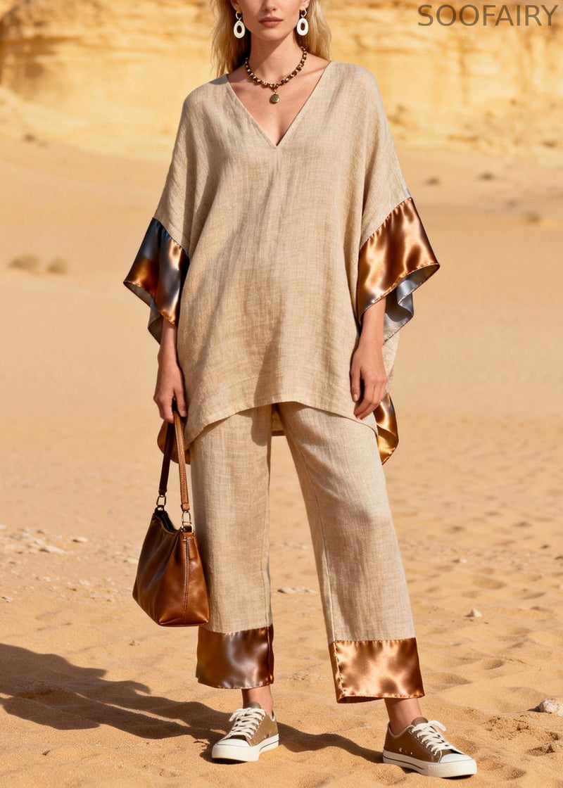 Khaki Oversized Patchwork Silk Linen Two Pieces Set Summer