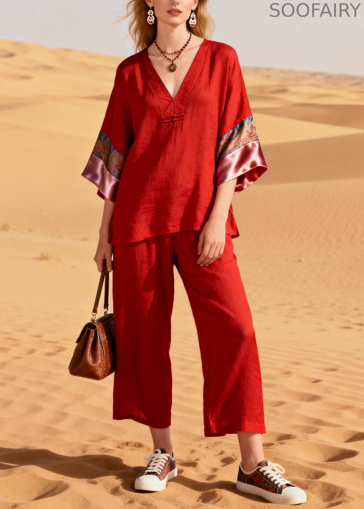 Boutique Red V Neck Patchwork Cotton Oriental Two Pieces Set Half Sleeve