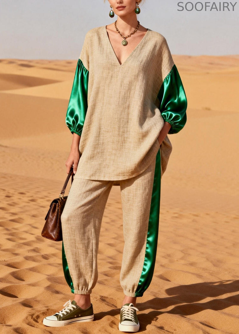 Loose Colorblock Silk Patchwork Linen Two Pieces Set Spring