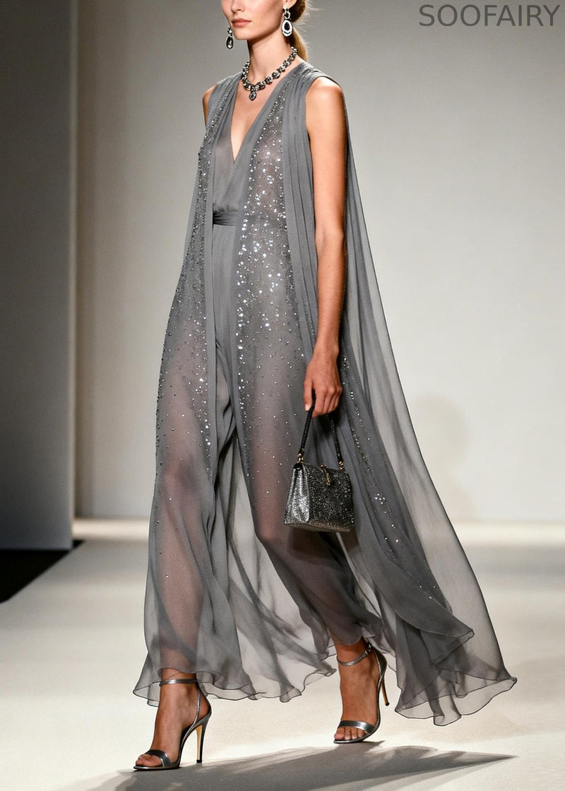 Grey Sparkling Zircon Draping Chiffon Dress Two Piece Set Sleeveless