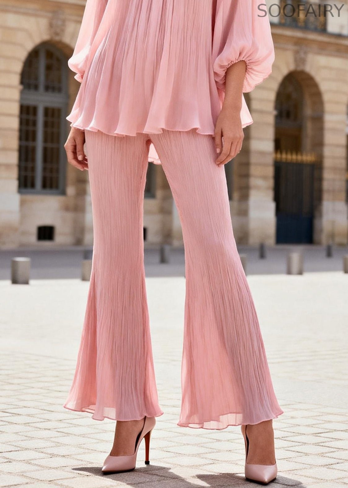 French Pink Ruffled Patchwork Chiffon Shirts and Flared Trousers Two Pieces Set Lantern Sleeve