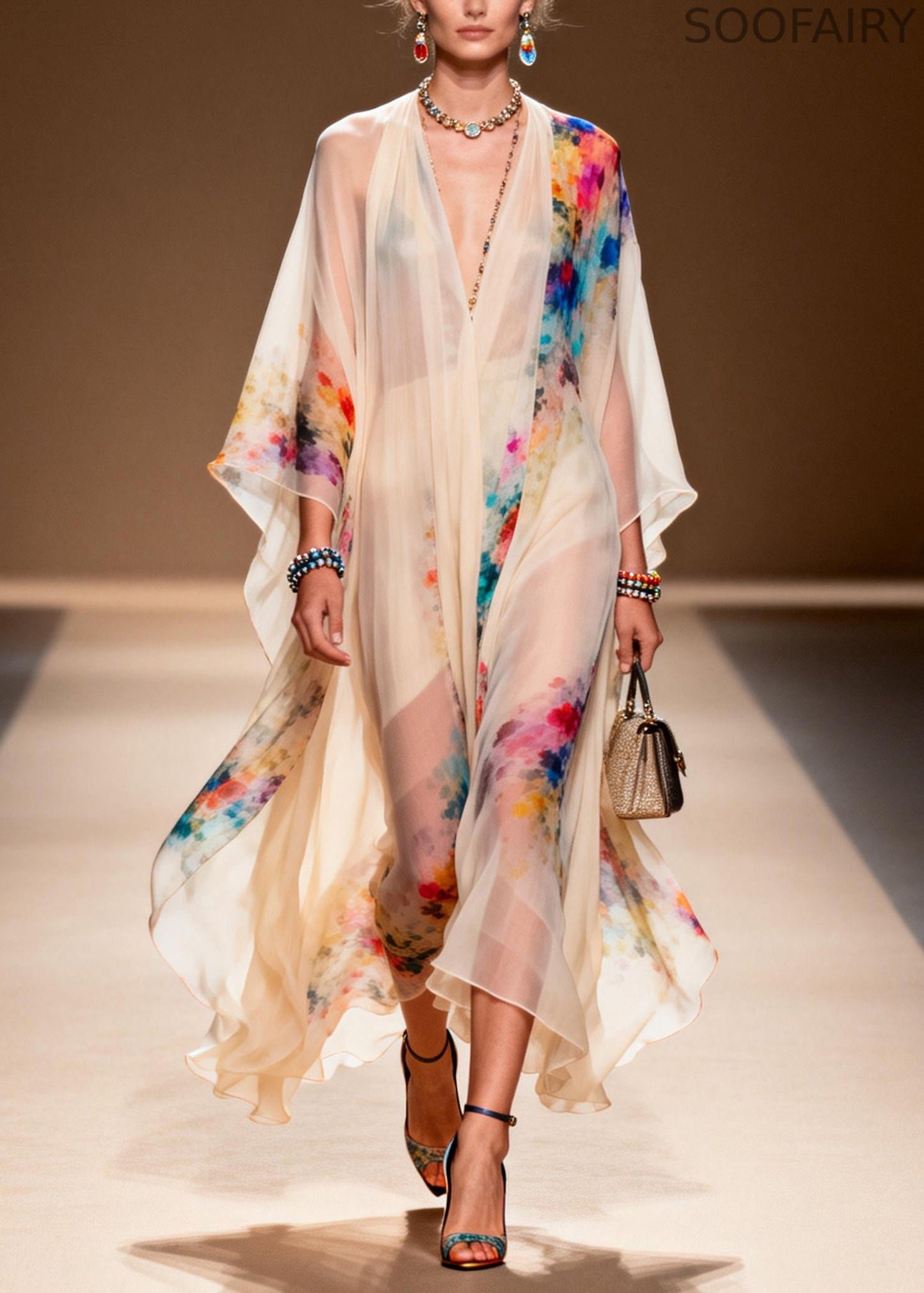 Apricot Print Chiffon Long Dresses Oversized Summer