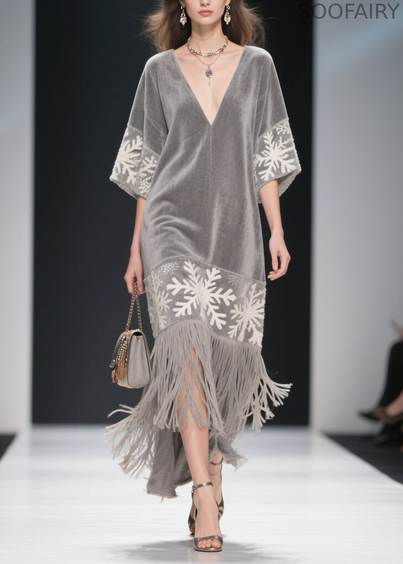 Boutique Grey V Neck Tassel Patchwork Velvet Dress Summer