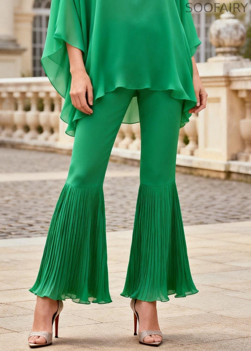 Bright Green Tops and Wrinkled Bell Bottom Trousers Two Piece Set O Neck Spring