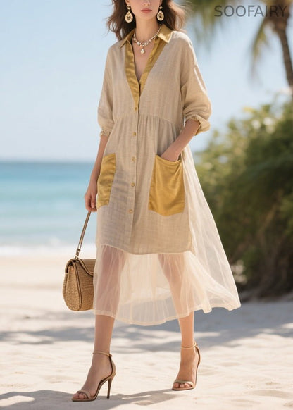 Handmade Khaki V Neck Patchwork Tulle Long Dress Summer