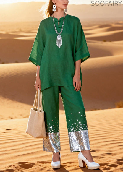Green Sequins Shirts and Crop Pants Patchwork Linen Two Pieces Set O Neck Half Sleeve