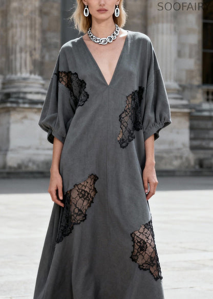 Grey V Neck Hollow Out Lace Patchwork Cotton Dresses Summer