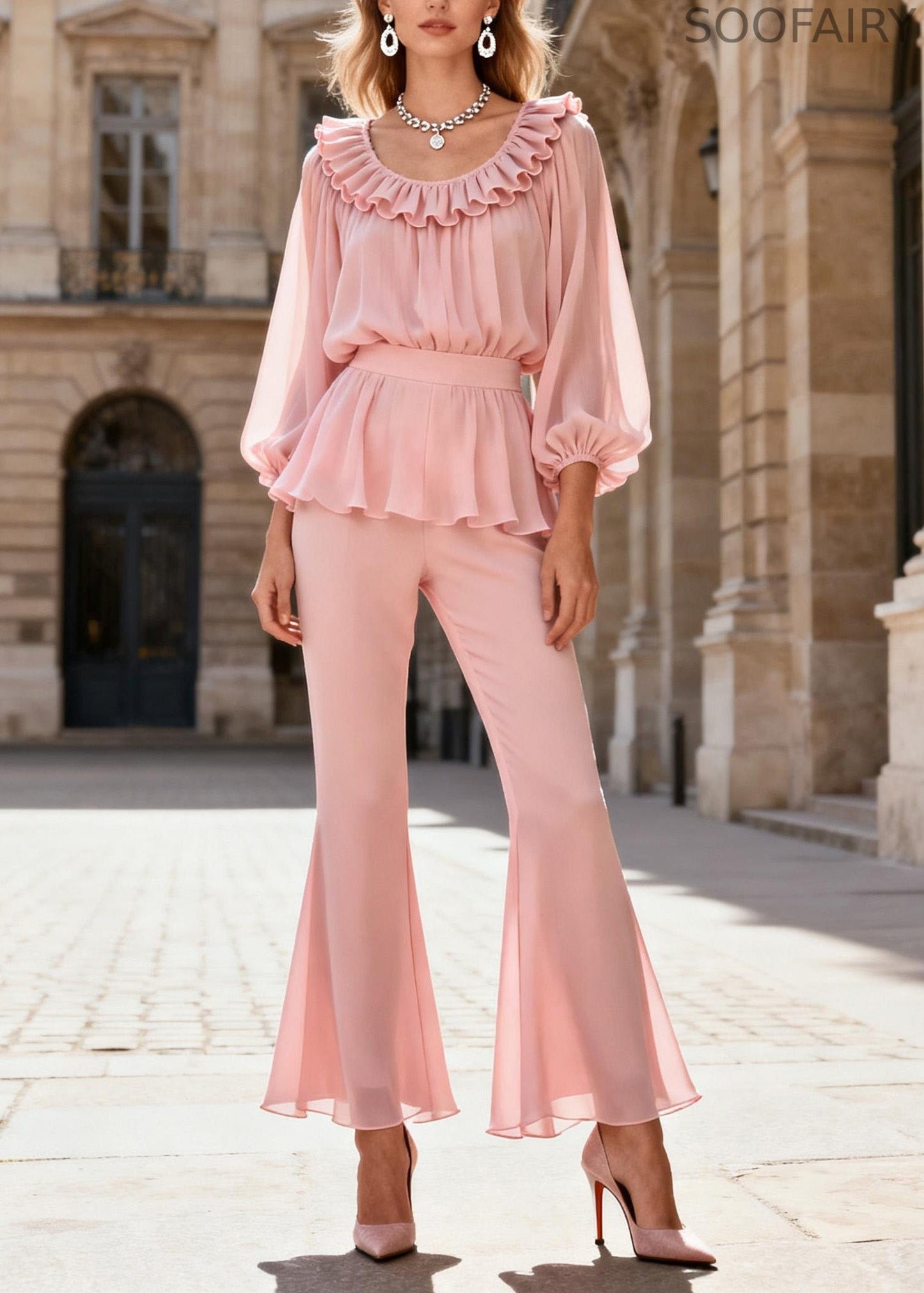 Pink O-neck Ruffled Patchwork Silk Two Piece Set Spring