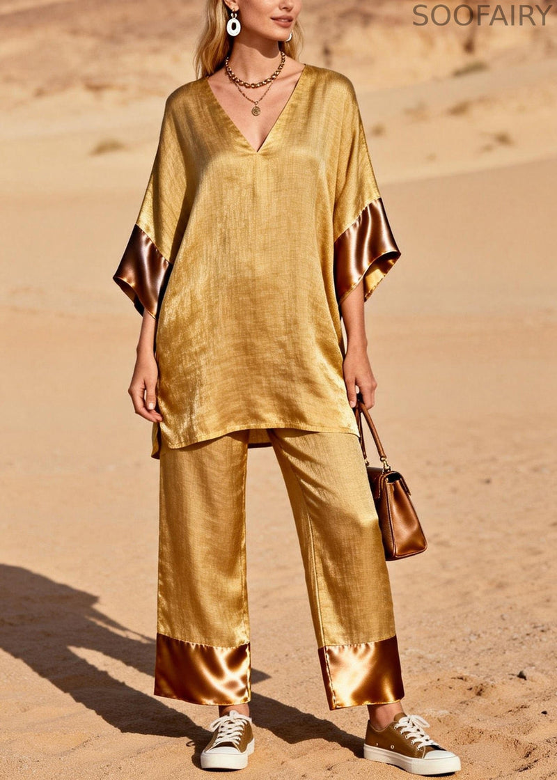 Style Gold V Neck Silk Patchwork Linen 2 Piece Outfit Summer
