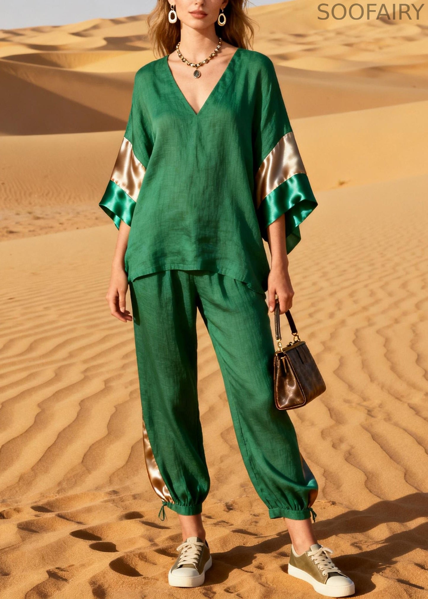Grass Green Patchwork Linen Silk Two Pieces Set V Neck Summer