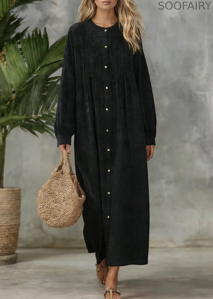 Black Plaid Button Cotton Blouses Dress O Neck Spring