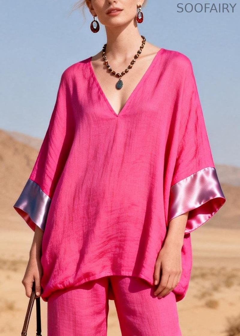 Rose V Neck Silk Patchwork Two Pieces Set Bracelet Sleeve