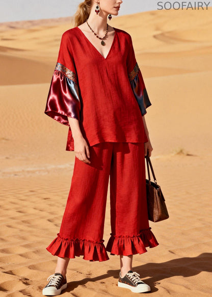 Unique Red Ruffled Patchwork Linen Silk Two Piece Set Outfits Summer