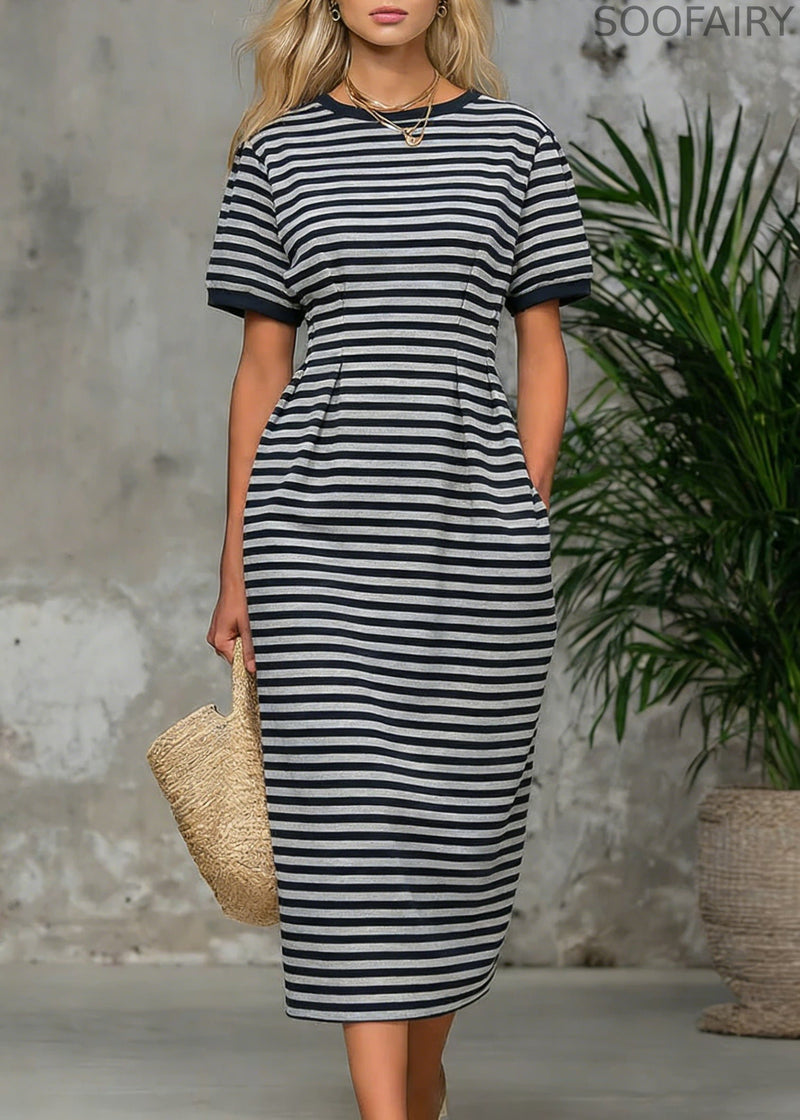 Striped Pockets High Waist Cotton Long Dress O Neck Summer