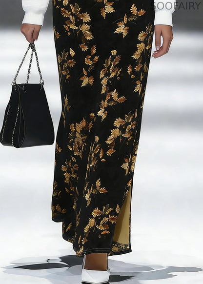 Loose Black Print Side Open Silk Velvet Skirt Spring