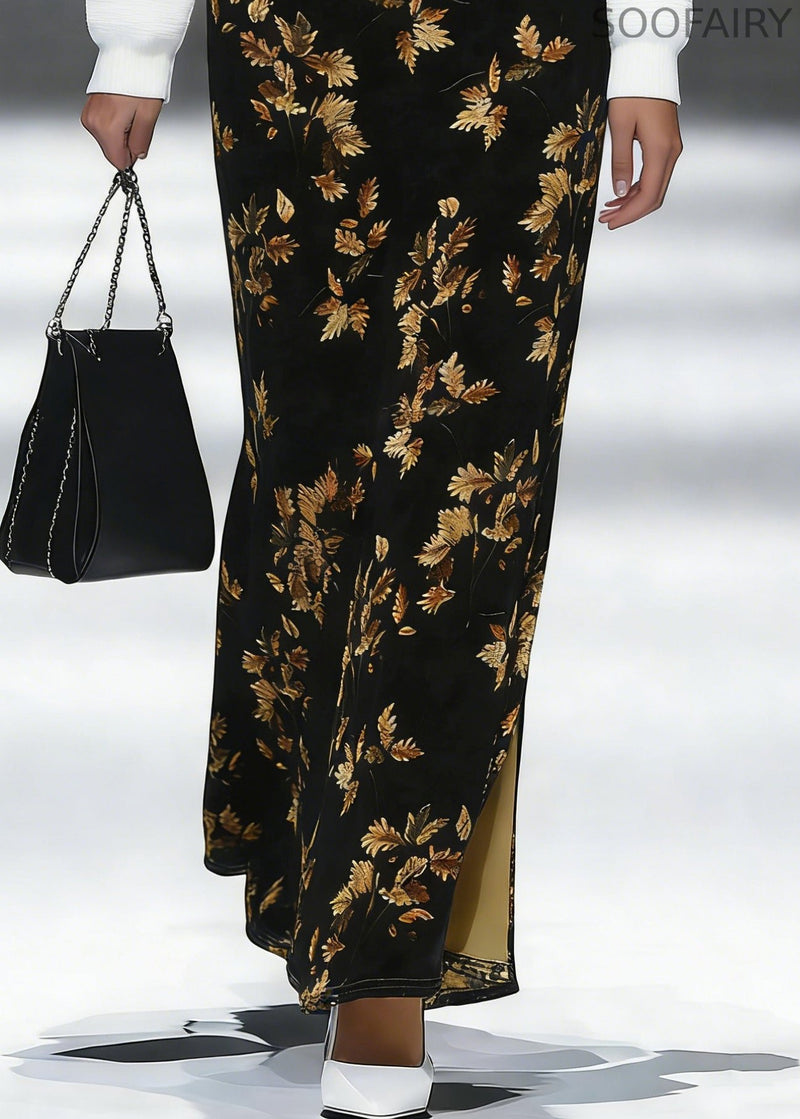 Loose Black Print Side Open Silk Velvet Skirt Spring