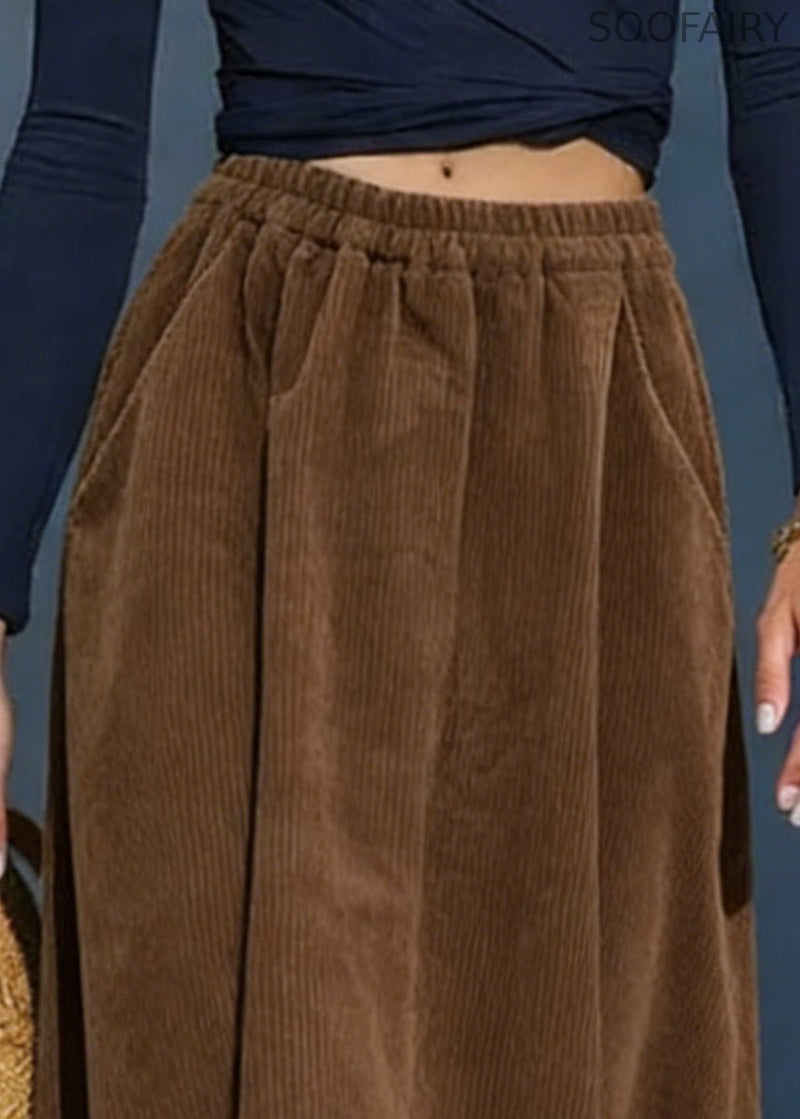 Simple Coffee Pockets Elastic Waist Corduroy Skirt