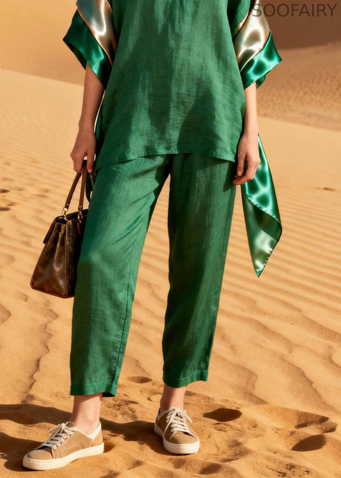 Green Top and Pants Patchwork Linen Silk Two Pieces Set Summer