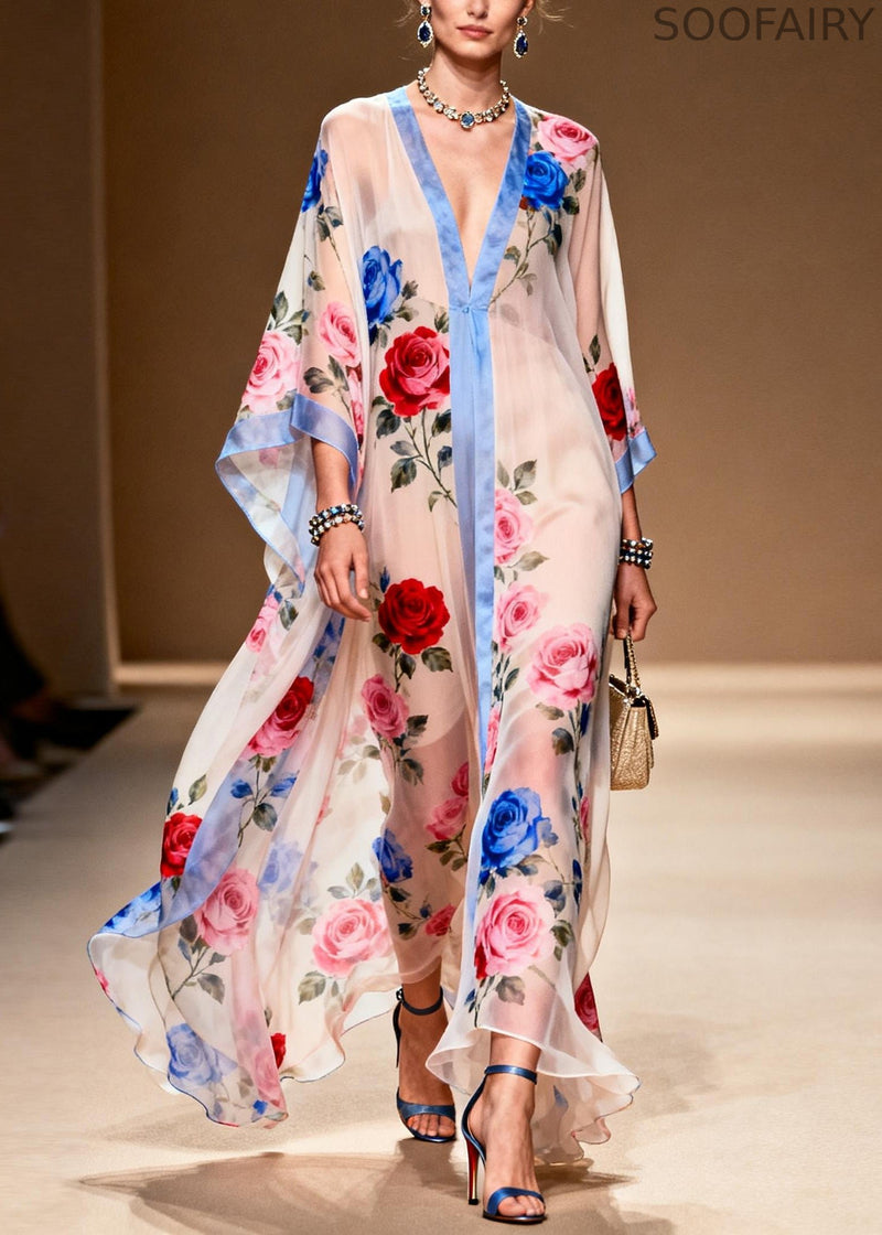 French White Oversized Print Chiffon Beach Dress Summer