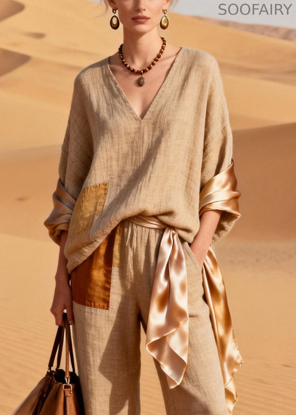 Asymmetrical Silk Patchwork T Shirt and Crop Pants Linen Two Piece Set V Neck Spring
