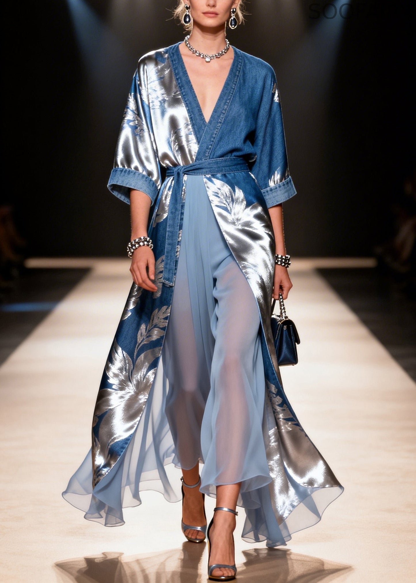 Blue Tie Waist Print Denim Fake Two Piece Dress Summer