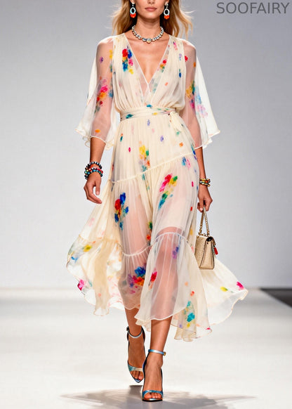 Italian Apricot V Neck Tie Dye Chiffon Party Dresses Summer