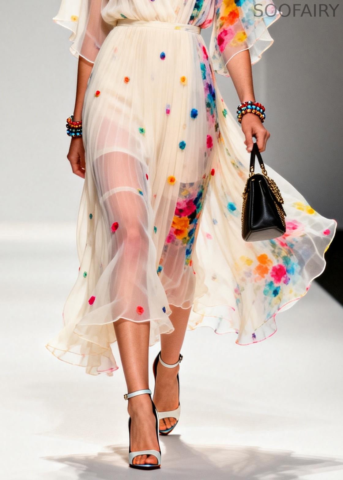 Modern Apricot V Neck Patchwork Chiffon Ankle Dress Summer