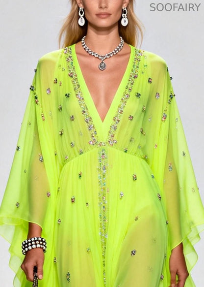 Original Design Fluorescent Green Rhinestone Exra Large Hem Chiffon Party Dresses Summer
