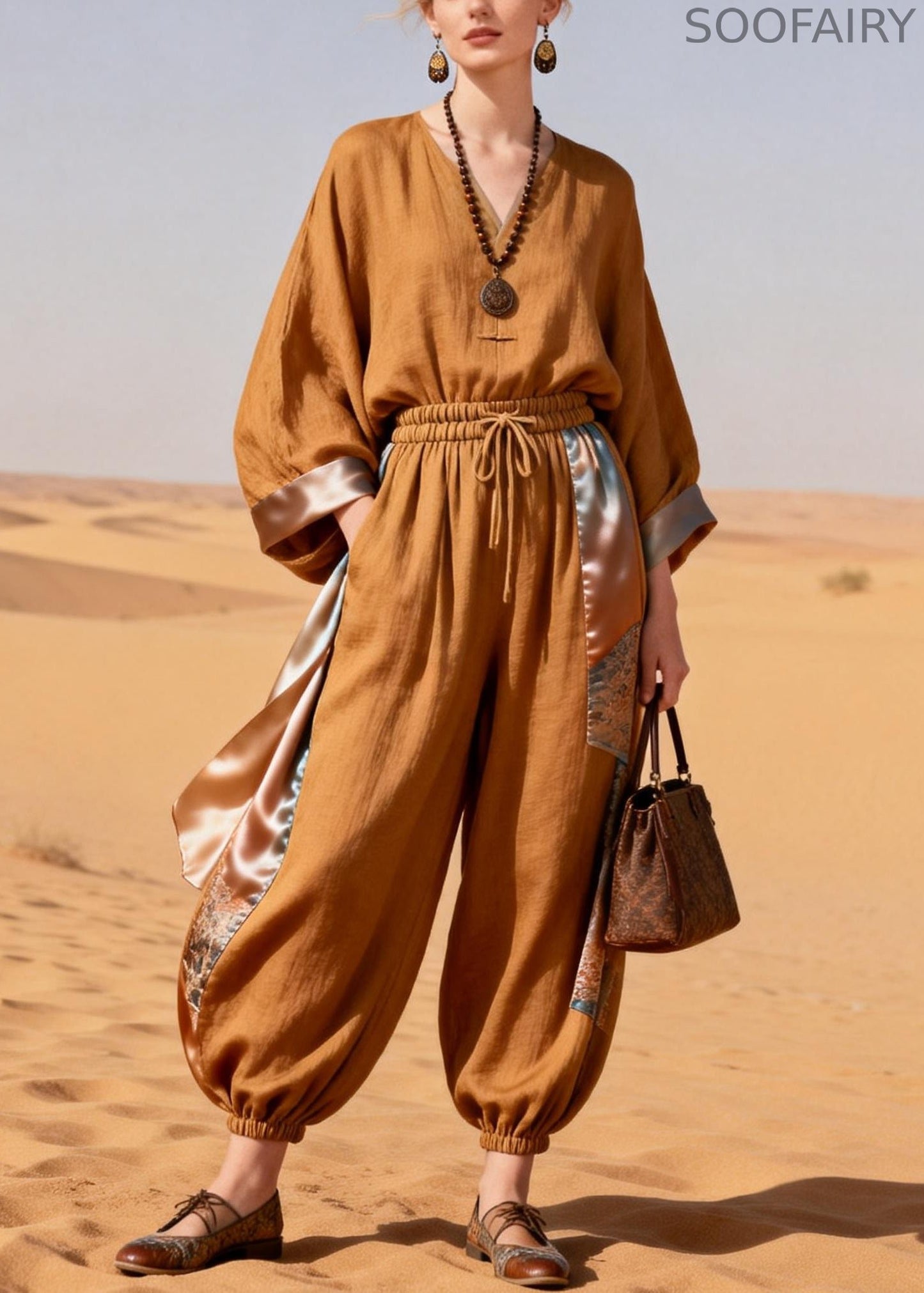 Caramel Pockets Elastic Waist Patchwork Silk Linen Two Pieces Set Spring