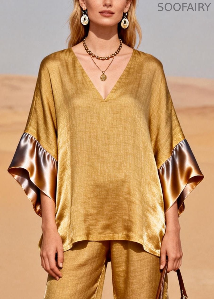 Fine Golden Oversized Patchwork Linen Silk Two Pieces Set Spring