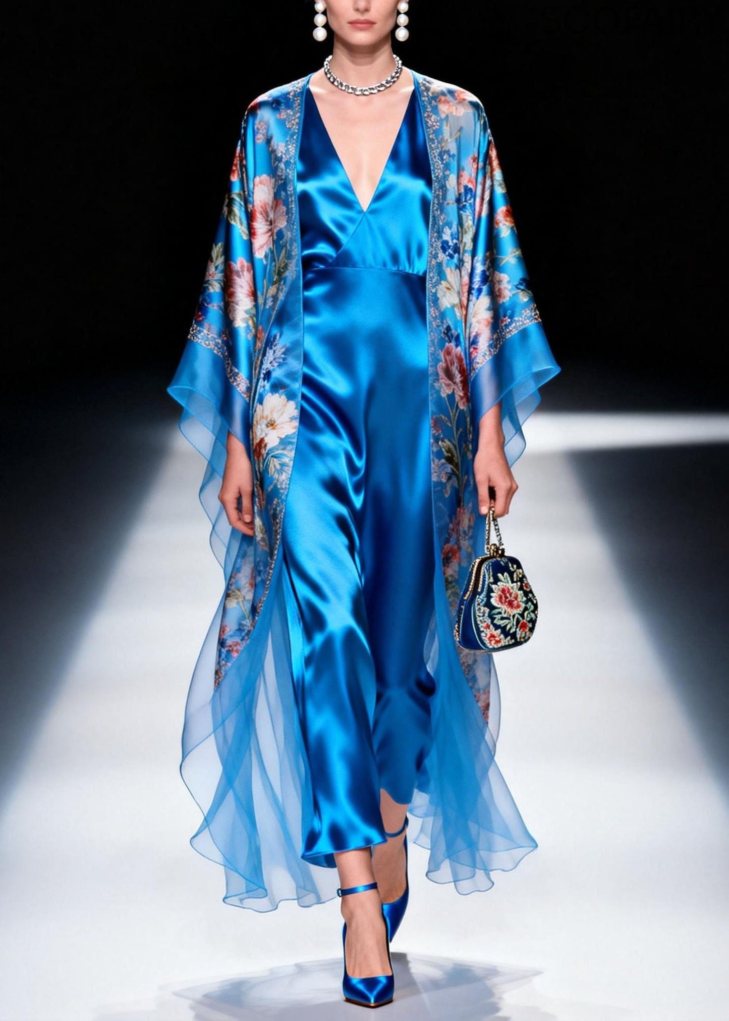French Blue V Neck Print Silk Two Piece Set Outfits Summer