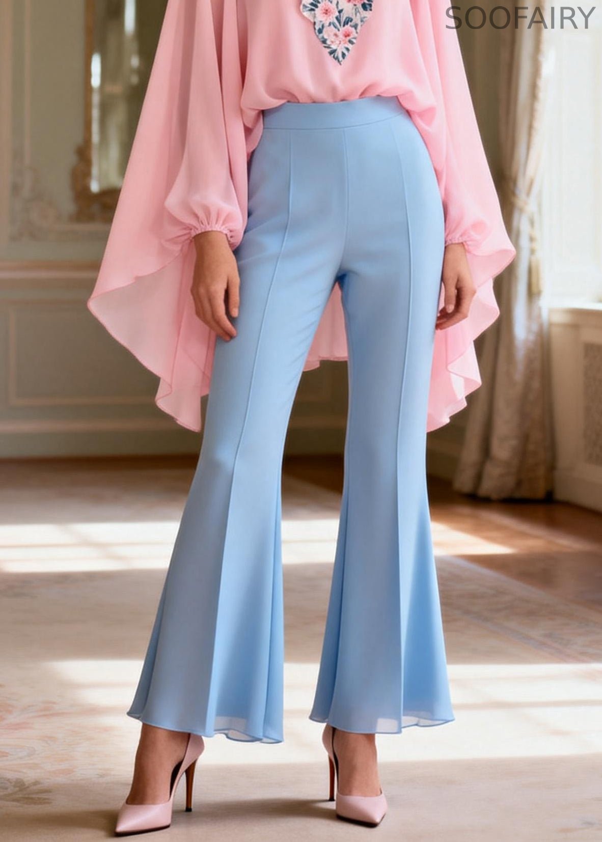 Italian Pink Print Patchwork Chiffon Top and Flared Trousers Two Pieces Set Lantern Sleeve