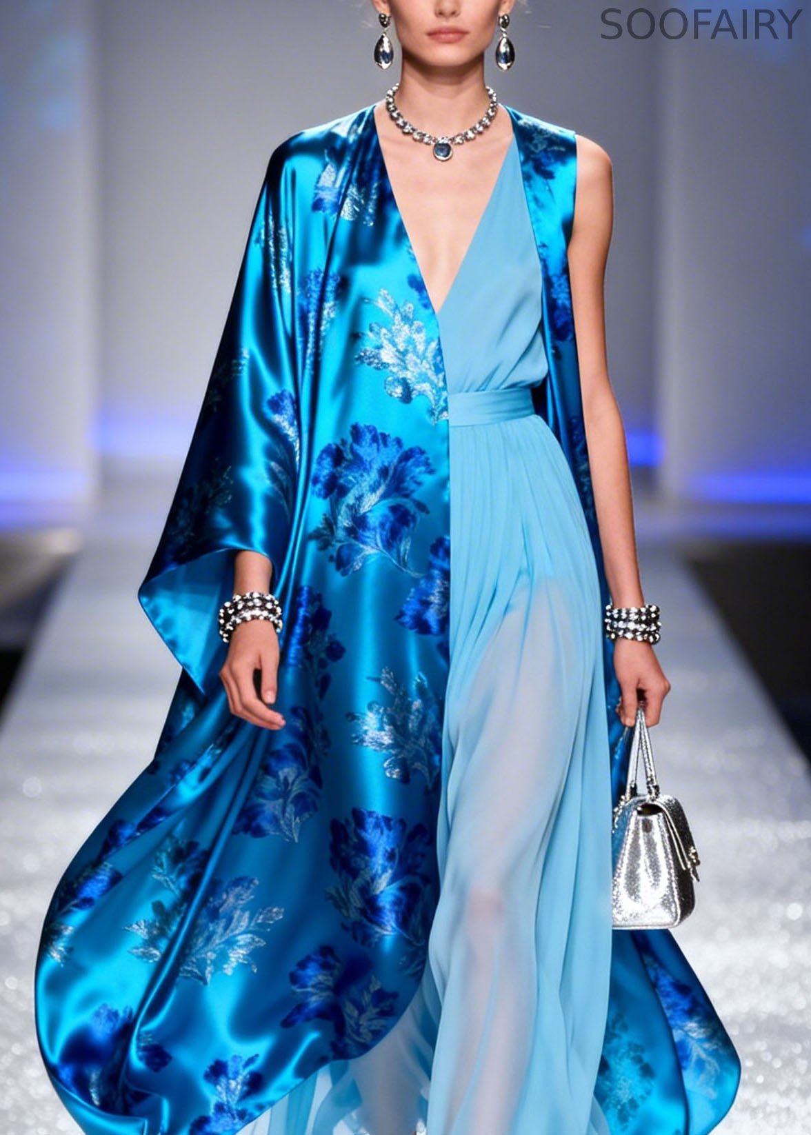 V Neck Print Silk Cardigans and Chiffon Dress Two Piece Set Summer