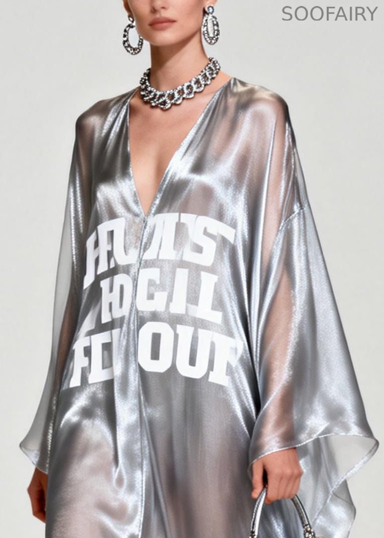 Silvery Letter Print Exra Large Hem Chiffon Beach Dresses Summer