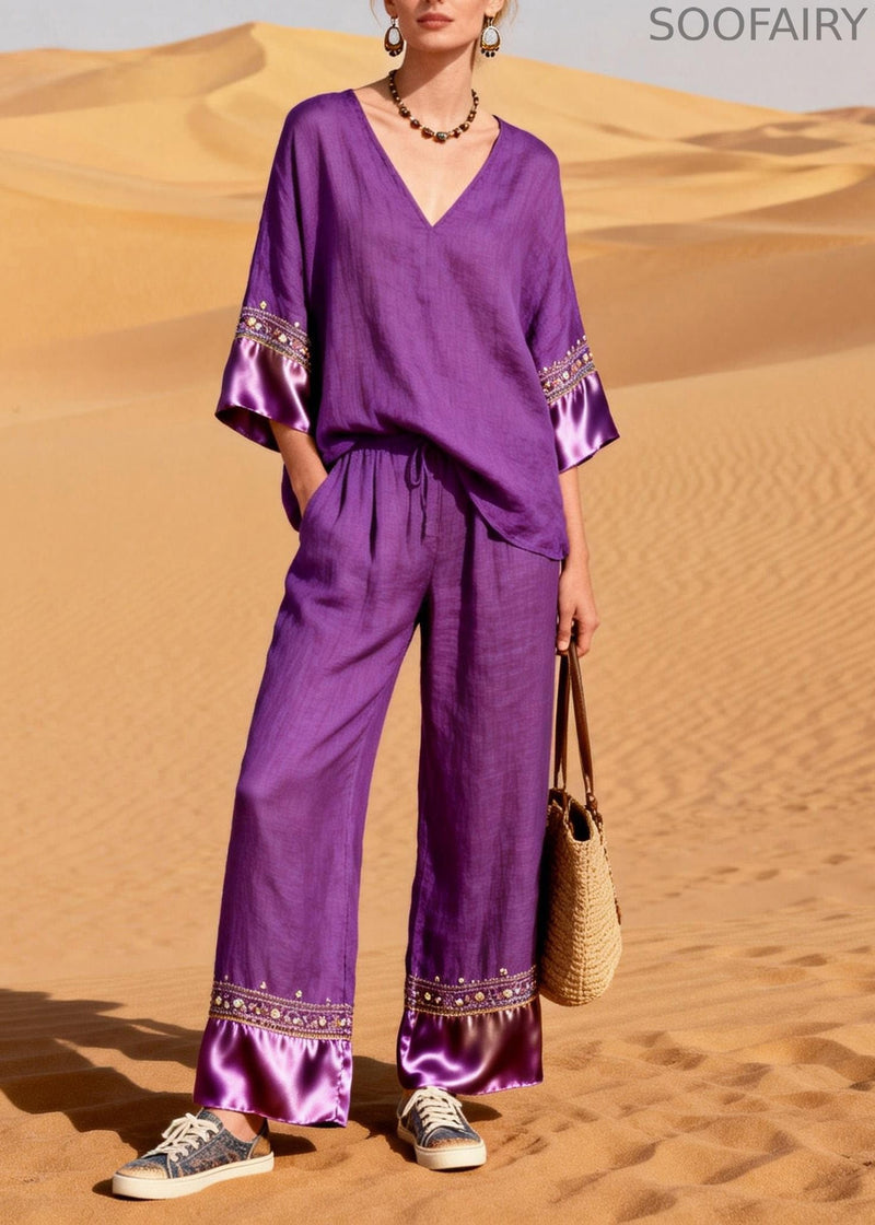 New Purple V Neck Silk Patchwork Linen Two Piece Suit Set Summer