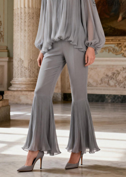 Grey Ruffled Patchwork Linen Silk 2 Piece Outfit Spring