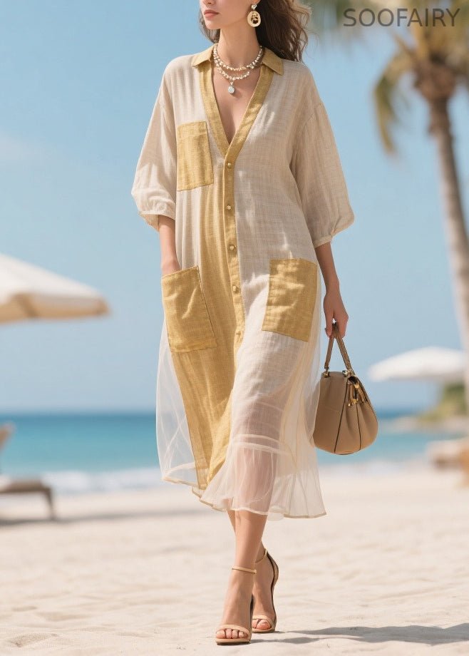 Beige V Neck Patchwork Tulle Maxi Dresses Bracelet Sleeve